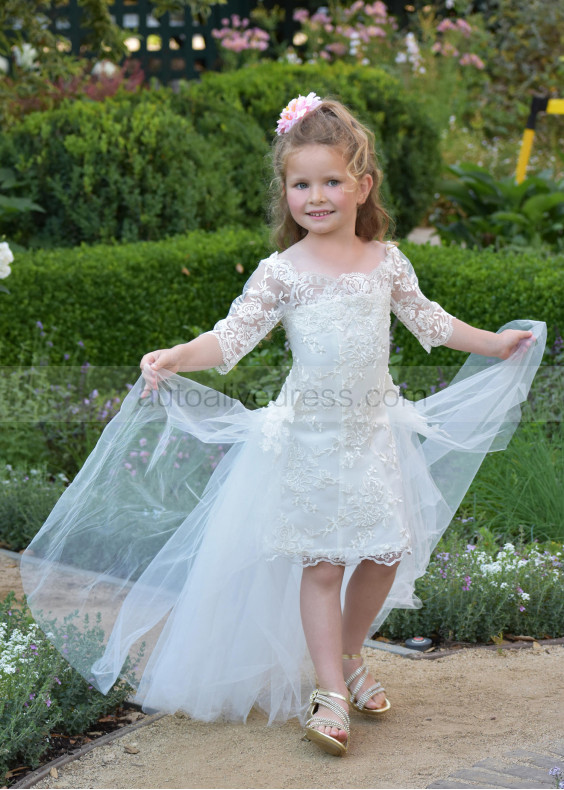 Ivory Lace Knee Length Flower Girl Dress With Detachable Tulle Train Ivory Lace Knee Length Flower Girl Dress With Detachable Tulle Train